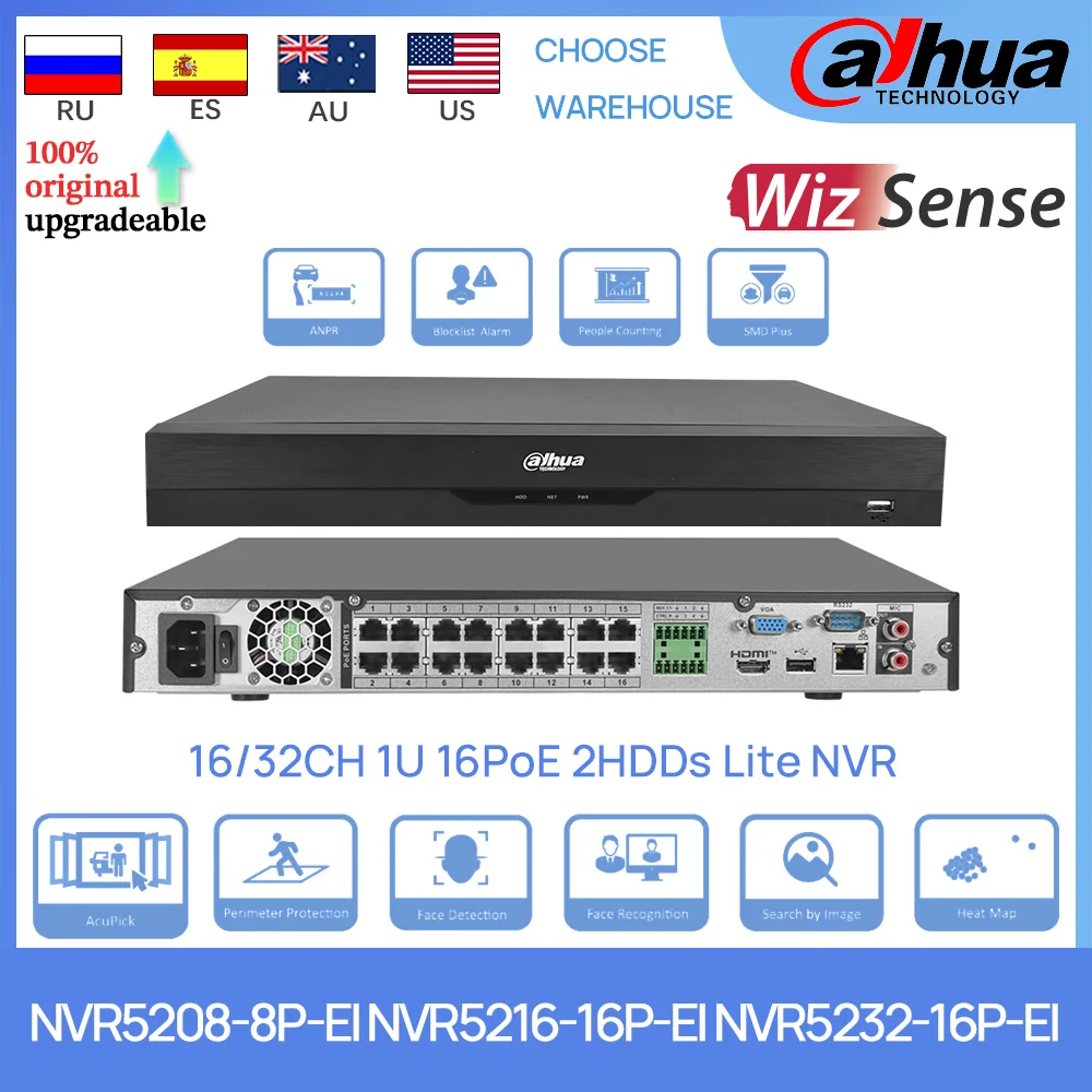 Оригинальный сетевой видеорегистратор Dahua NVR5208-8P-EI NVR5216-16P-E NVR5232-16P-E 8CH/16CH/32CH 8/16POE 2HDD