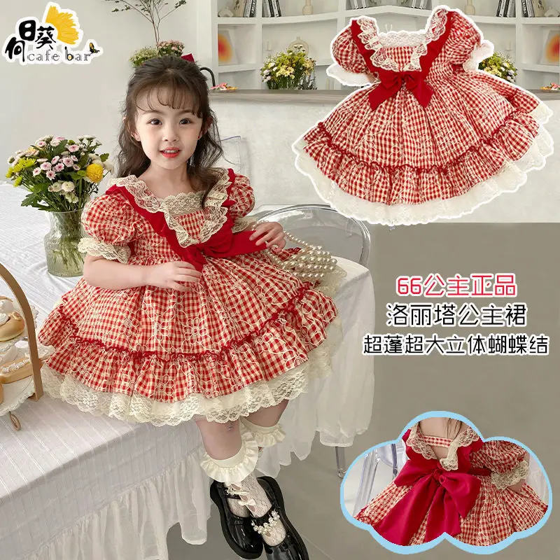 

Spanish Vintage Lolita Red Plaid Ball Gown Lace Bow Stitching Design Birthday Party Princess Dresses For Girls Easter Eid