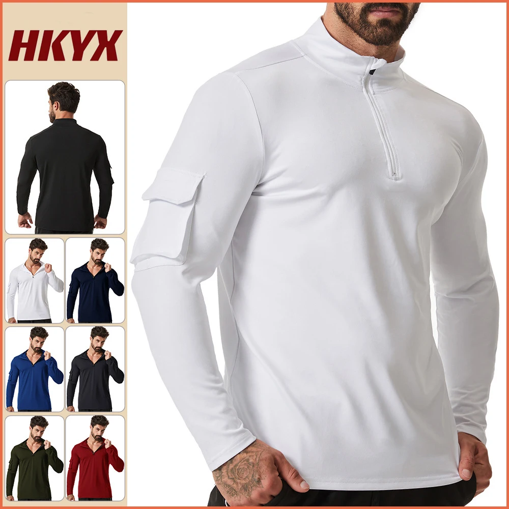 Spring Autumn Men Training Breathable T-shirt V-neck Zipper Pullover Round Neck Long Sleeve T-shirt Solid Color Running Pullover