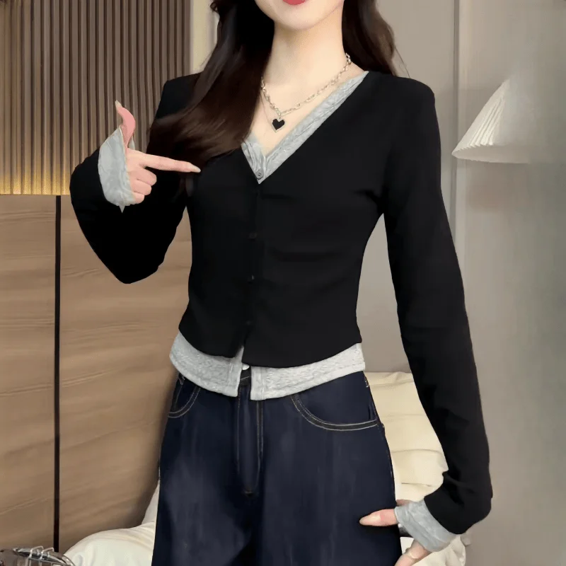 Женские рубашки с V-образным вырезом имитация 2 шт. Осенние пикантные пряные