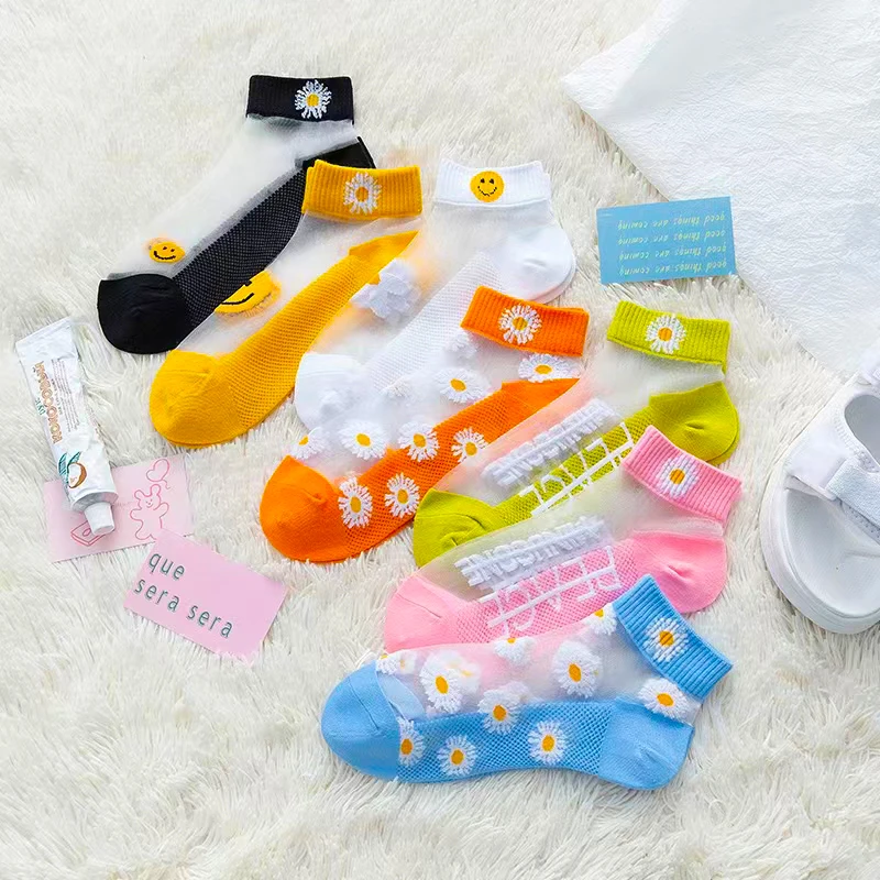 5 Pairs Women Socks New Summer Thin Short Socks Female Korean Socks Shallow Mouth Transparent Harajuku Cute Daisy Ankle Socks
