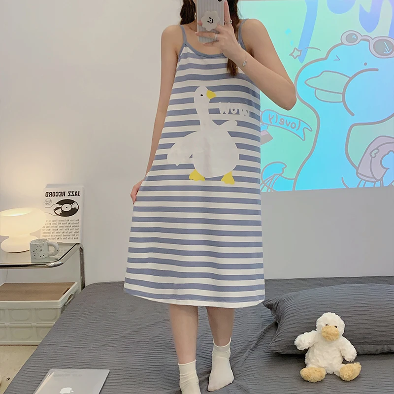 CAIYIER Korean Women Nightdress Summer Sling Sleeveless Sleepdress Cute Cartoon Stripe Print Female Nightgowns Casual Home Dress
