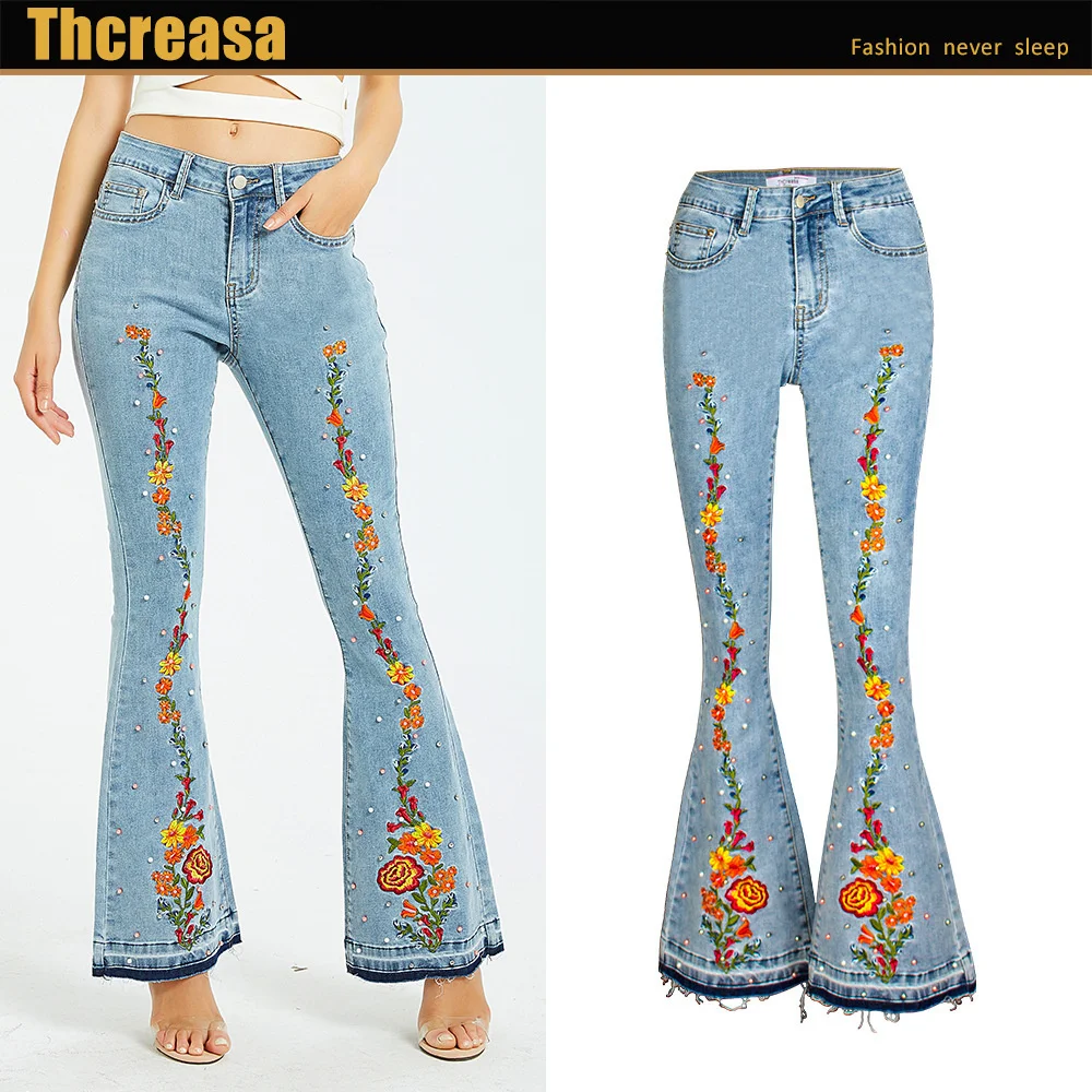 

2023Hot Jeans Women's Fashion Denim Embroidery Wide Leg Jeans Women's Wear