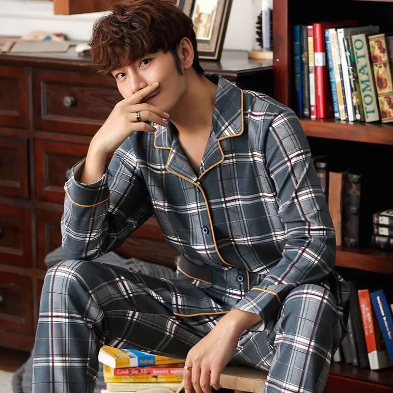 

Spring and Autumn Long-Sleeved Pajamas Mens Fall Cardigans Young and Middle-Aged Knitted Cotton Plus-Size Household Clothing