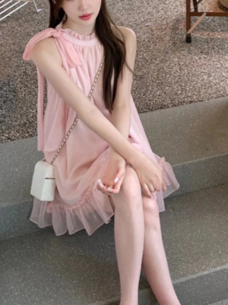 

Pink Short Party Dress Women Causual Sleeveless Sweet Elegant Cute Mini Dress Beach Style One Piece Dress Korean 2023 Summer