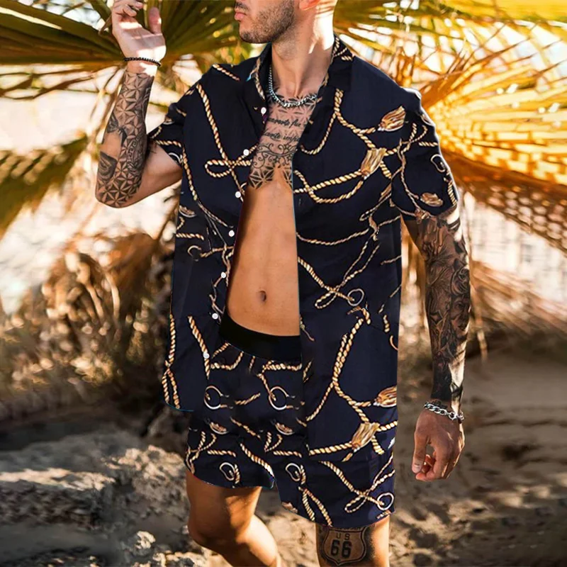 

2022 summer print casual shirt shorts 2-piece men's Beach suit