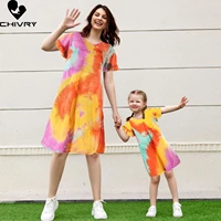 new mother daughter summer dresses short sleeve o neck colorful beach dress mom mommy and me loose dress family matching outfits