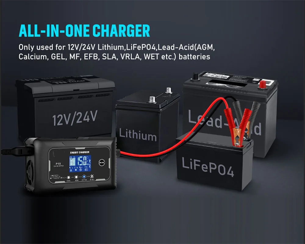 

12V 15A 24V 10A Full Automatic Smart Charger Lead Acid(AGM Gel SLA) Lithium ,LiFePO4, Trickle Pulse Repair Car Battery Charger