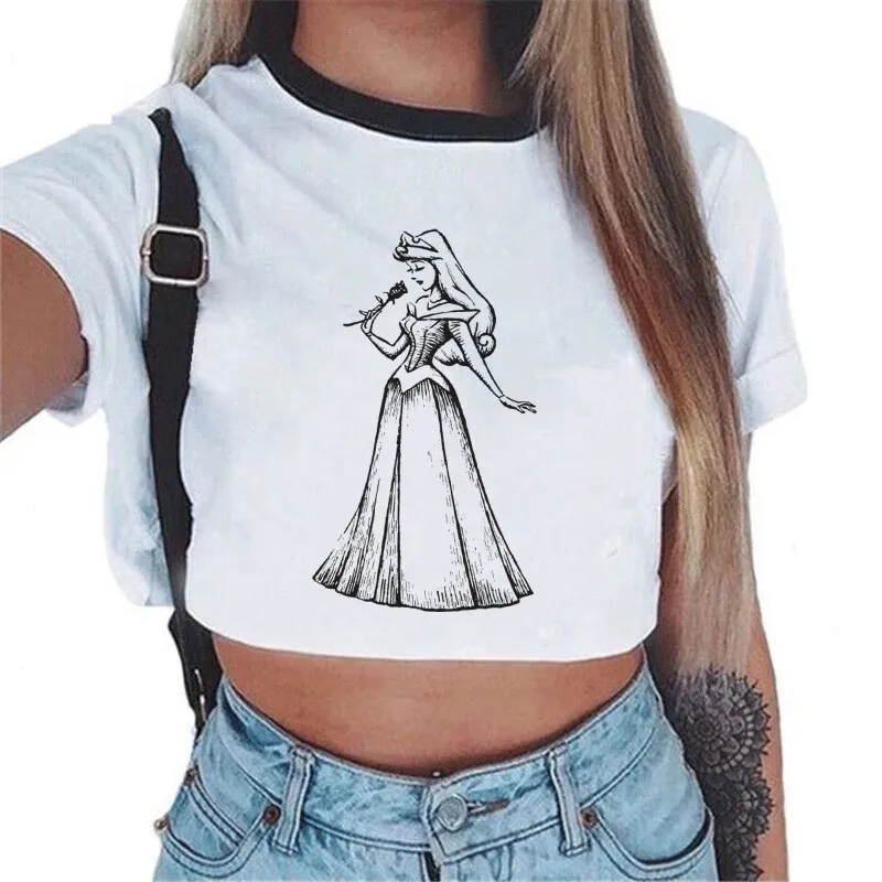 

Princess Sleeping Beauty Aurora Vintage Rose T-shirt Female Crop Top Harajuku T-shirt Female Sexy Anime Print Summer New T-shirt