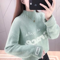 female sweet turtleneck sweater autumn letter print knitwear pullover women loose casual plus velvet thickening knitted sweaters
