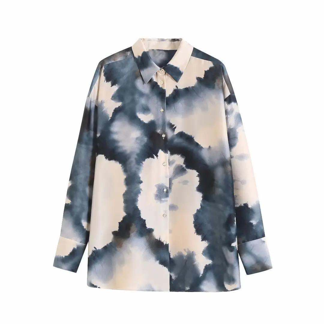 

Women 2023 spring New Sweet Fashion Tie-dyed Satin texture Blouses Vintage Long Sleeve Female Shirts Tops