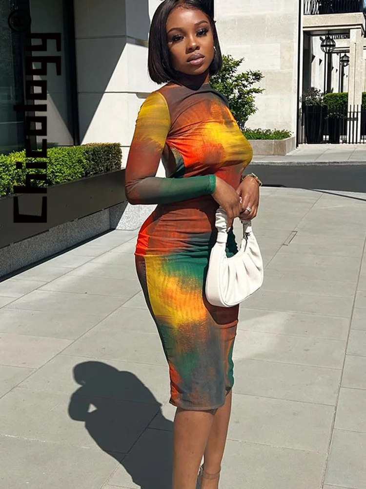 

Chicology 2022 Women Tie Dye Backless Lace Up Long Sleeves Midi Dress Bodycon Sexy Party Club Streetwear Fashion Y2K Clothes