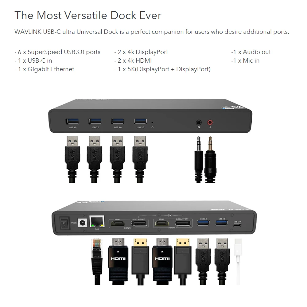 Универсальная док-станция Wavlink с поддержкой DisplayLink 5K, USB-C, двумя дисплеями, видео на порте USB 3.0, гигабитным Ethernet и портом HDMI для Windows и Mac OS.