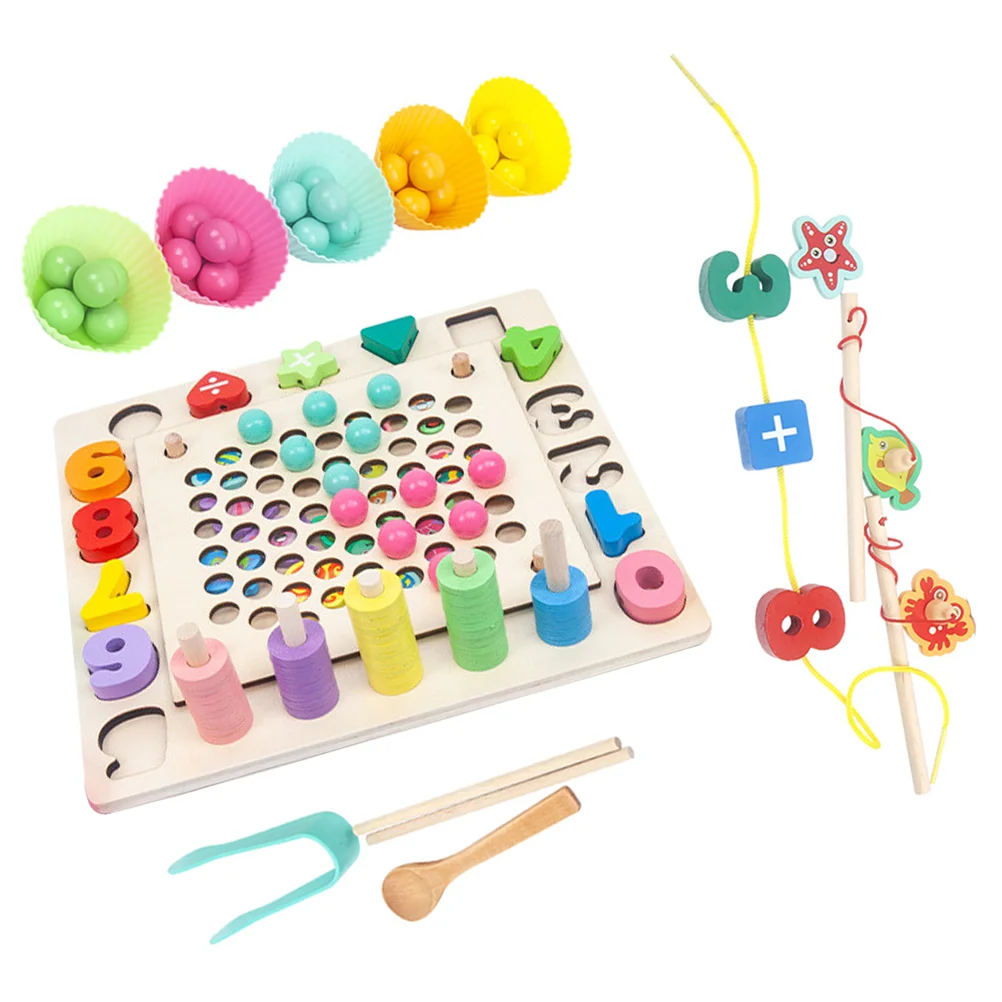 

1 Set 4-in-1 Wooden Fishing Game Bead Counting Shape for Kids Children