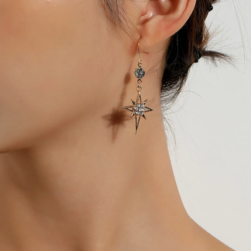 

Fashion Star Octagonal Full Rhinestone Hanging Dangle Earrings for Women Statement Ear Hook Exaggerated Female Jewelry Gift 2023