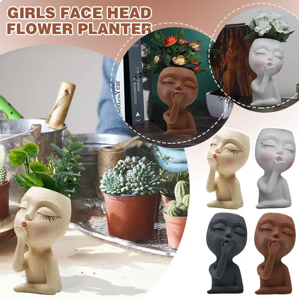 Unique Girls Face Head Flower Planter Succulent Plant Flower Container Pot Resin Flowerpot Figure Garden Decor Tabletop Ornament