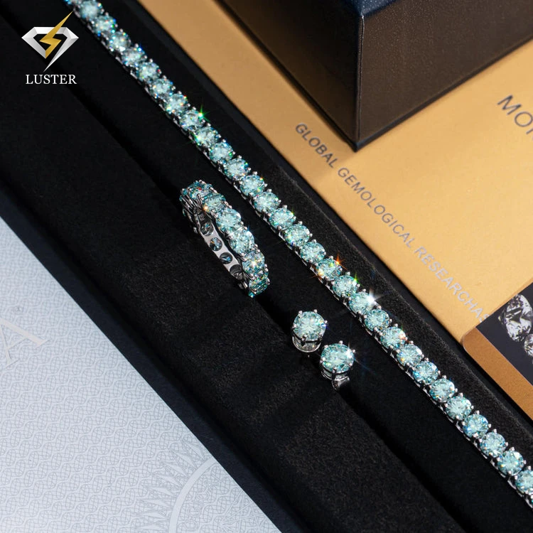 

Luster Jewelry Silver 925 hip hop GRA 3mm 4mm 5mm Blue Moissanite diamond earring eternity ring Tennis Bracelet for women men