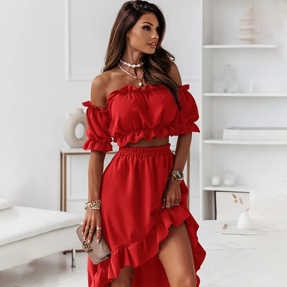 

2023 New Summer Elegant Gown Sexy Puff Sleeve Waistless Dress Boat Neck Long Dresses For Women 2 Pieces