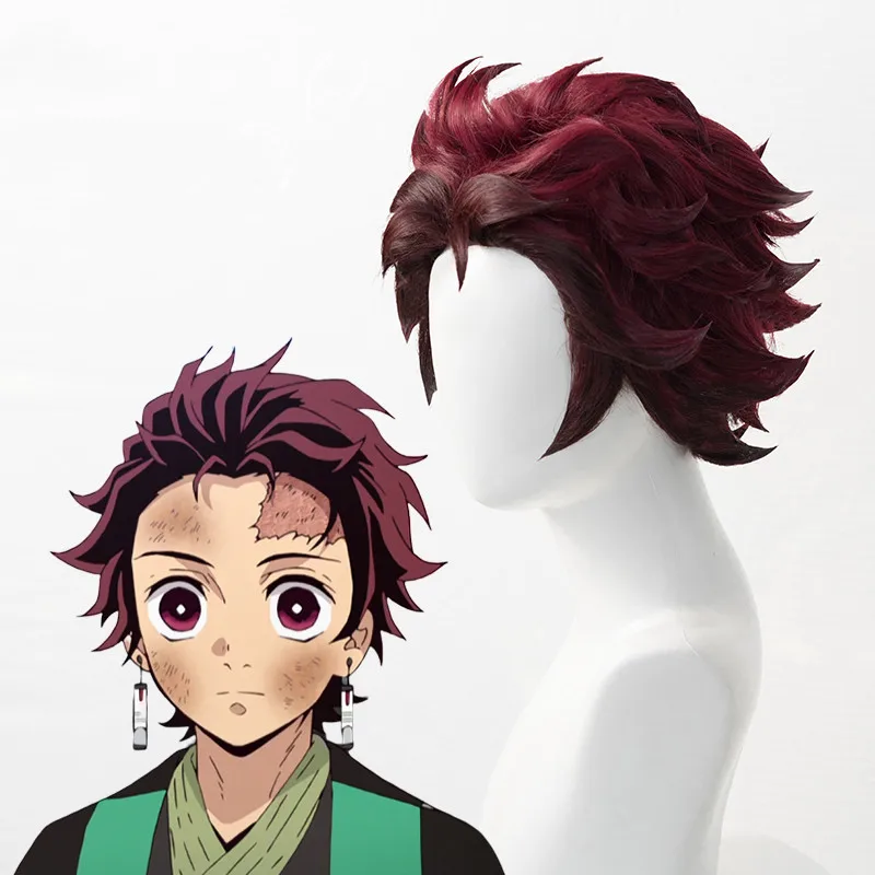 

Demon Slayer: Kimetsu no Yaiba Tanjiro Kamado Short Chestnut Brown Heat Resistant Hair Cosplay Costume Wig + A Pair Of Ear-Rings