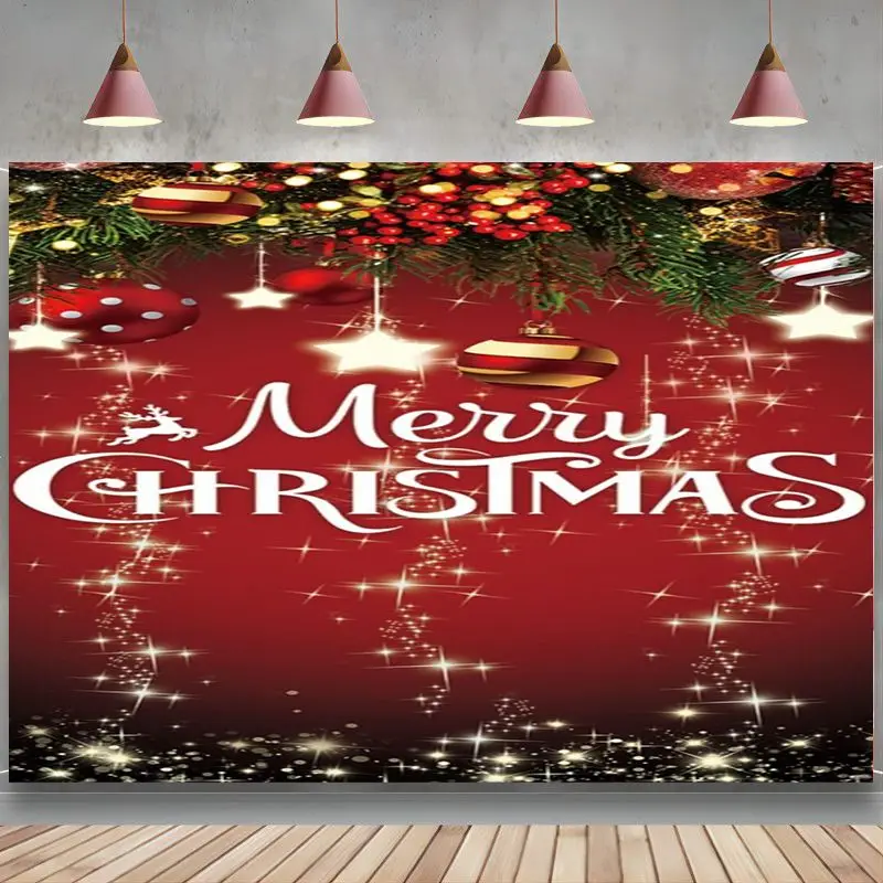 

Christmas Banner Decor Gold Red Balls Glitter Sparkling Stars Backdrop Family Holiday Merry Xmas Party Outdoor Indoor Hanging