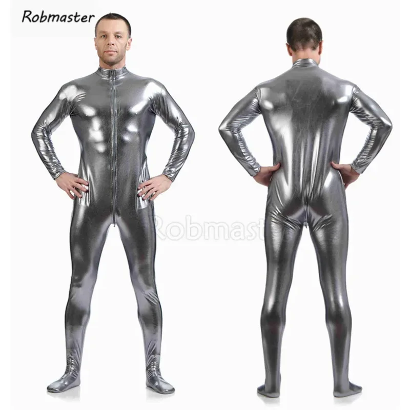 Мужской латексный костюм черные блестящие металлические колготки золотистый