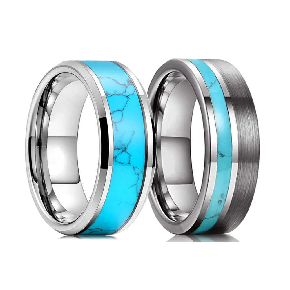 

Fashion 8mm Men Silver Color Tungsten Wedding Ring Blue Turquoise Stone Inlaid Polished Flat Ring For Men Wedding Band Jewelry