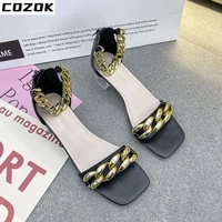 chain one word belt sandals 2022 new summer fashion temperament crystal thick heels high heels metal chain open toe roman shoes