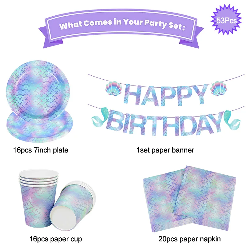 

Mermaid Disposable Cutlery Set for 16 with Paper Cup Plate Napkins Little Mermaid Birthday Party Decoration Banner Baby Shower