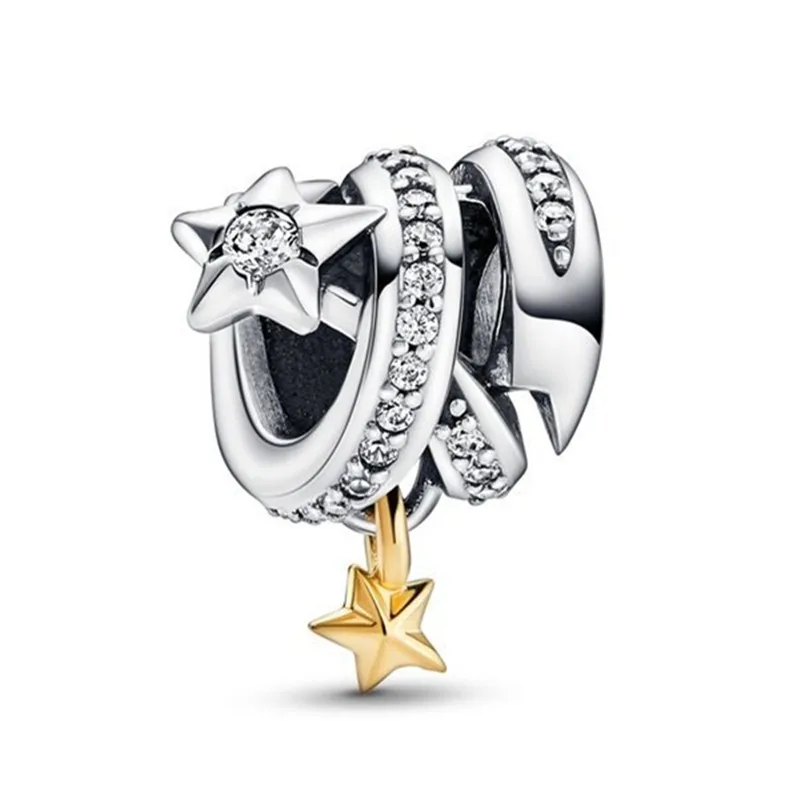 

Authentic 925 Sterling Silver Moments Gold Star With Crystal Dangle Charm Bead Fit Pandora Bracelet & Necklace Jewelry