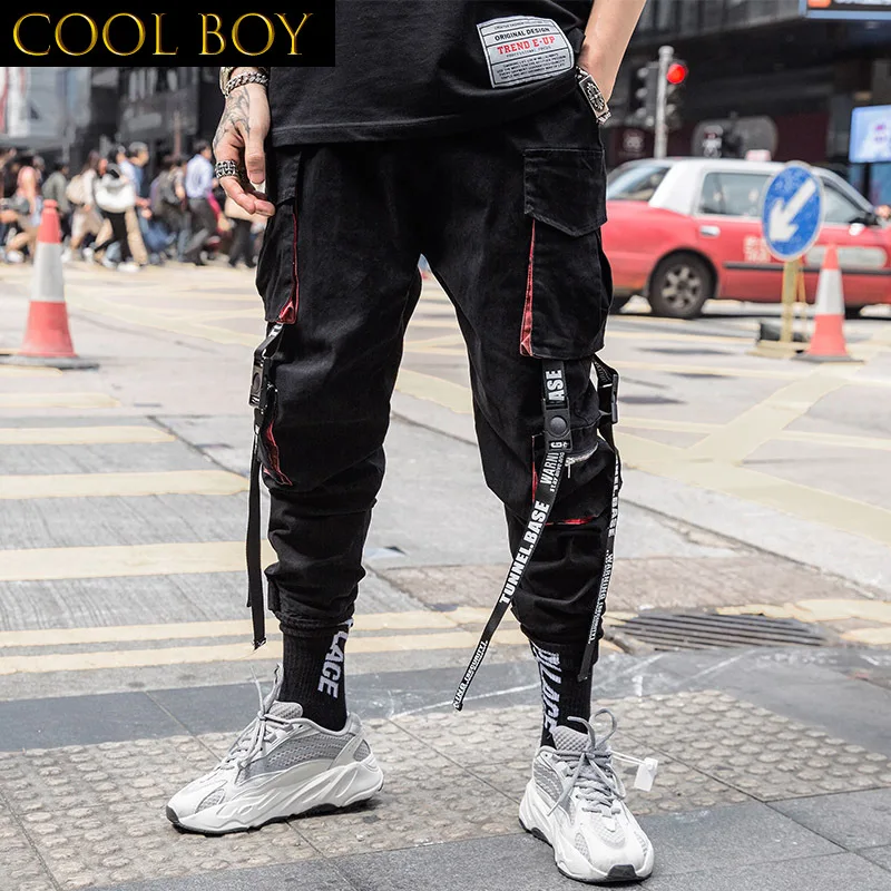 

J GIRLS Men Cargo Pants Black Ribbons Block Multi-Pocket Harem Joggers Harajuku Sweatpant Hip Hop Casual Harem Tide Male