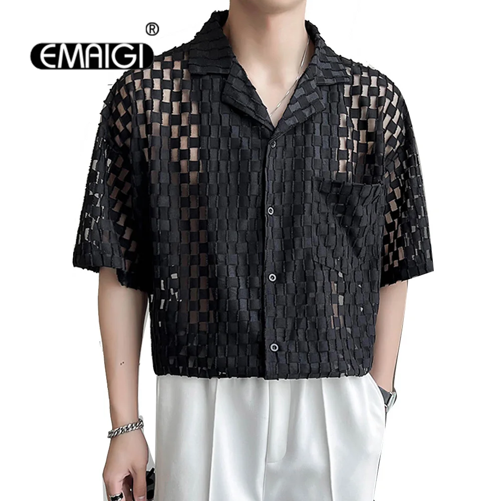 

Nightclub Breathable Mesh Cuba Collar Short Sleeve Shirt Men Summer Fashion Loose Casual Vintage Lace Plaid Dress Shirts Blouses