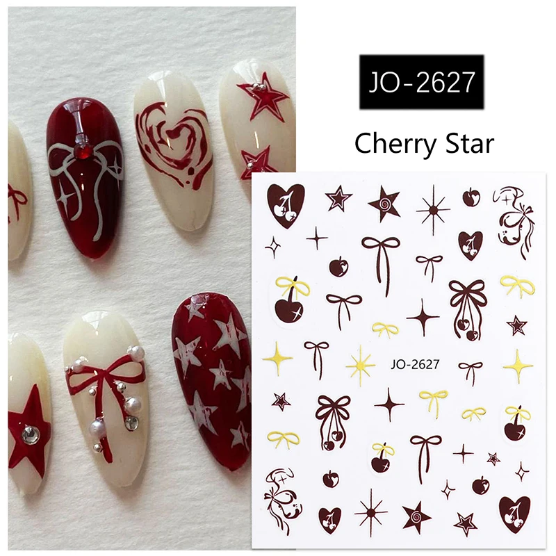 Laser Cherry Strawberry Bowknot Love Heart Flower Embossed Relief Samoprzylepna naklejka do zdobienia paznokci 3D Manicure Naklejka dekoracyjna