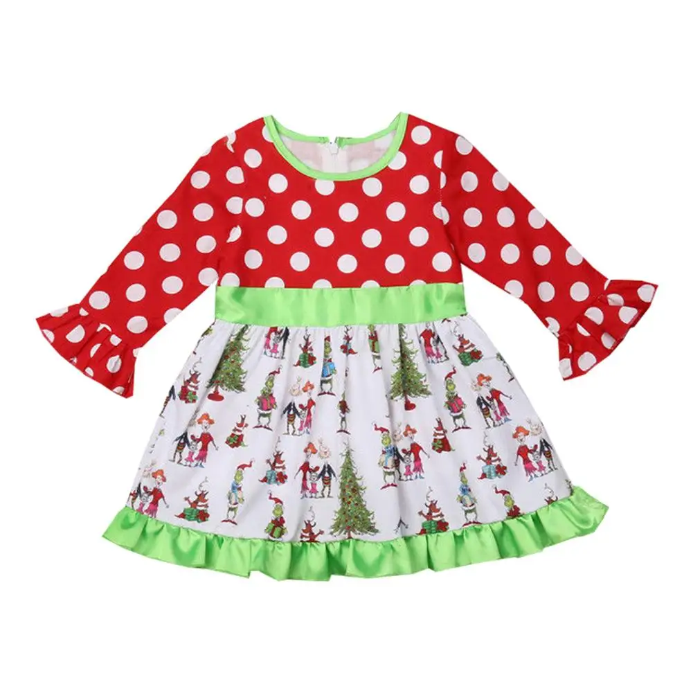 

Fashion Dresses Stitching Kids Girls Christmas Long Puff Sleeve Fashion Trend Wave Point Printing Stitching Clothes