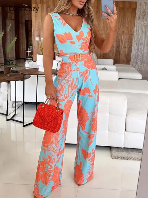 

Printed Jumpsuit Women Clothing Casual Deep V Neck Sleeveless Jumpsuit Wide Leg Pants with Belt Simple Style Women Streetwear