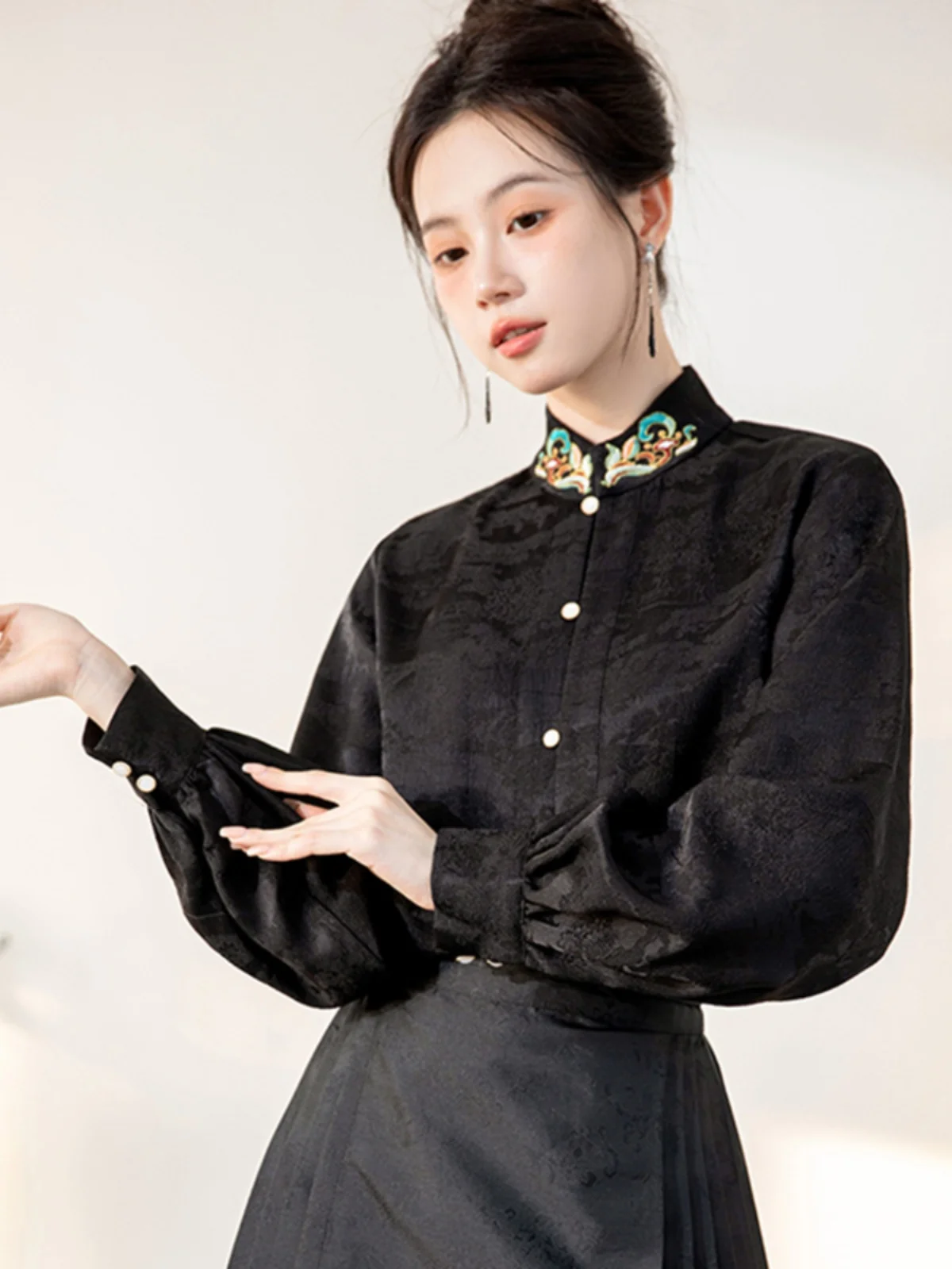 La Chabell Puella2024 Autumn New Stand Collar Solid Long sleeve Shirts Women Fashion Temperament Leisure Top