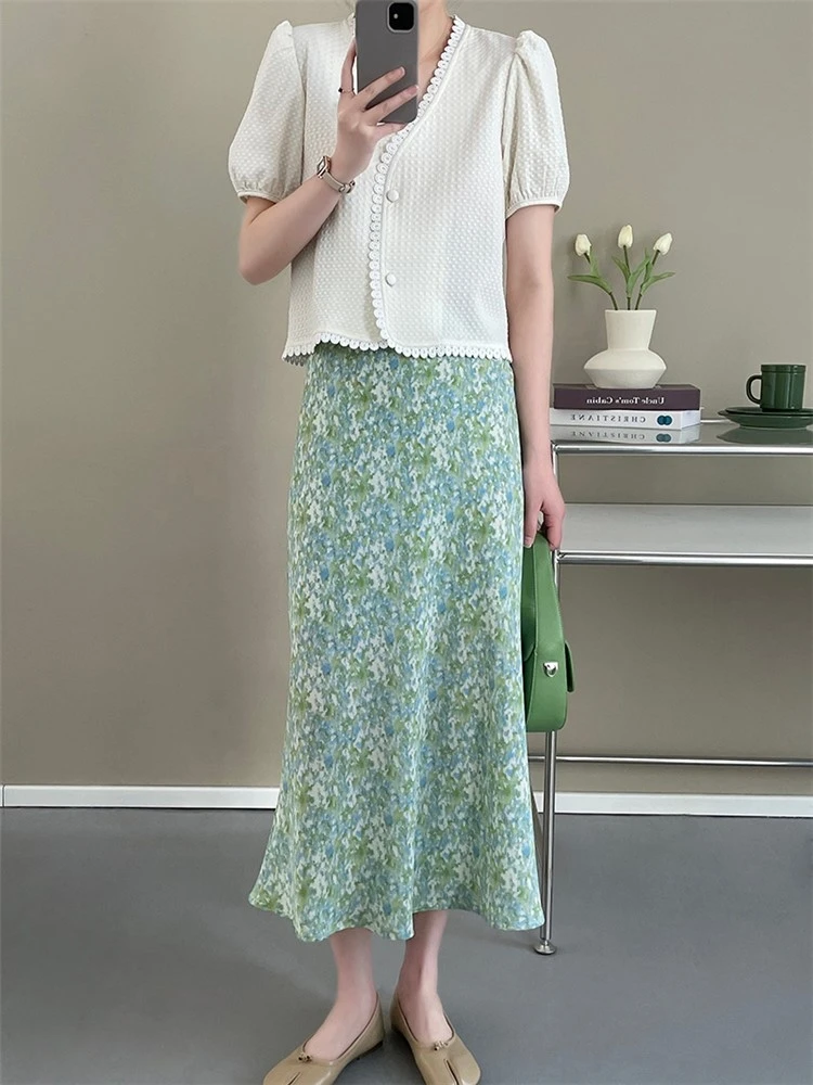 

Summer Fashion Sweet Elegant Florals High Waist Midi Skirts Women Vintage Girl A-line Long Skirt Ladies Casual Skirt Korean