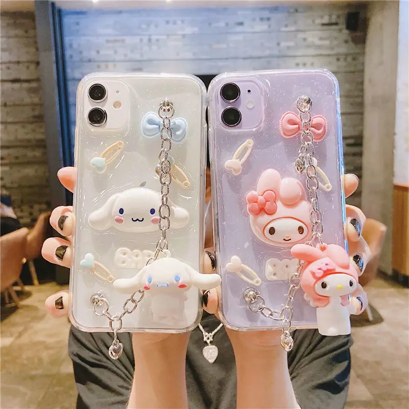 

Hello Kitty Melody Phone Holder Clear Soft Case for iPhone 11 12 13 Pro Max X XS Max XR Cartoon Pendant Chain Silicone Cover