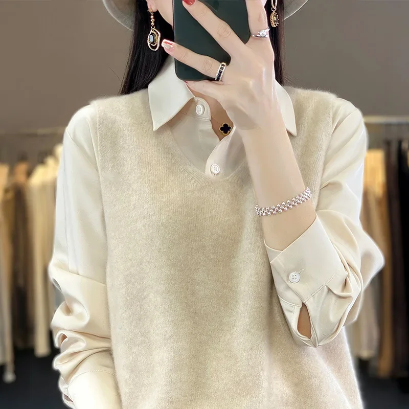 Модный свободный жилет из чистой шерсти верхняя вязаная одежда женский