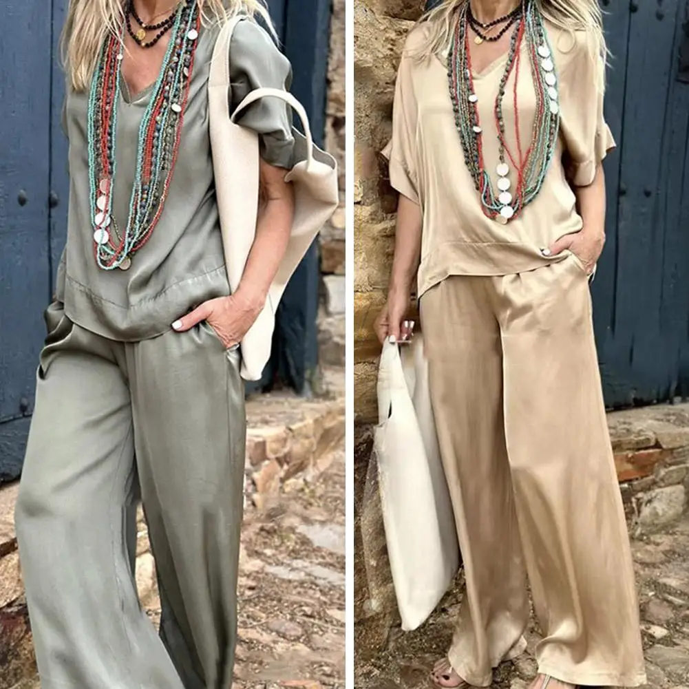 

New Set Fashion Temperament Casual V-neck Short Sleeve Wide Leg Pants Set Cotton Linen Casual Office Women's Loose Fit