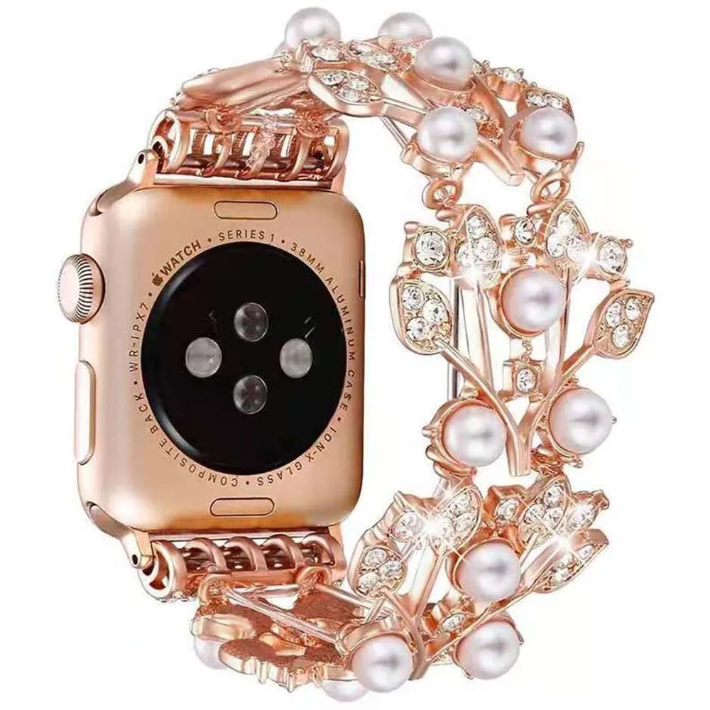 

Strap for Apple Watch Band 38mm 40mm 42mm 44mm 41/45mm Women Fashion Bracelet Pearl Diamond Leaf Wristband IWatch 7 6 5 4 3 2 SE