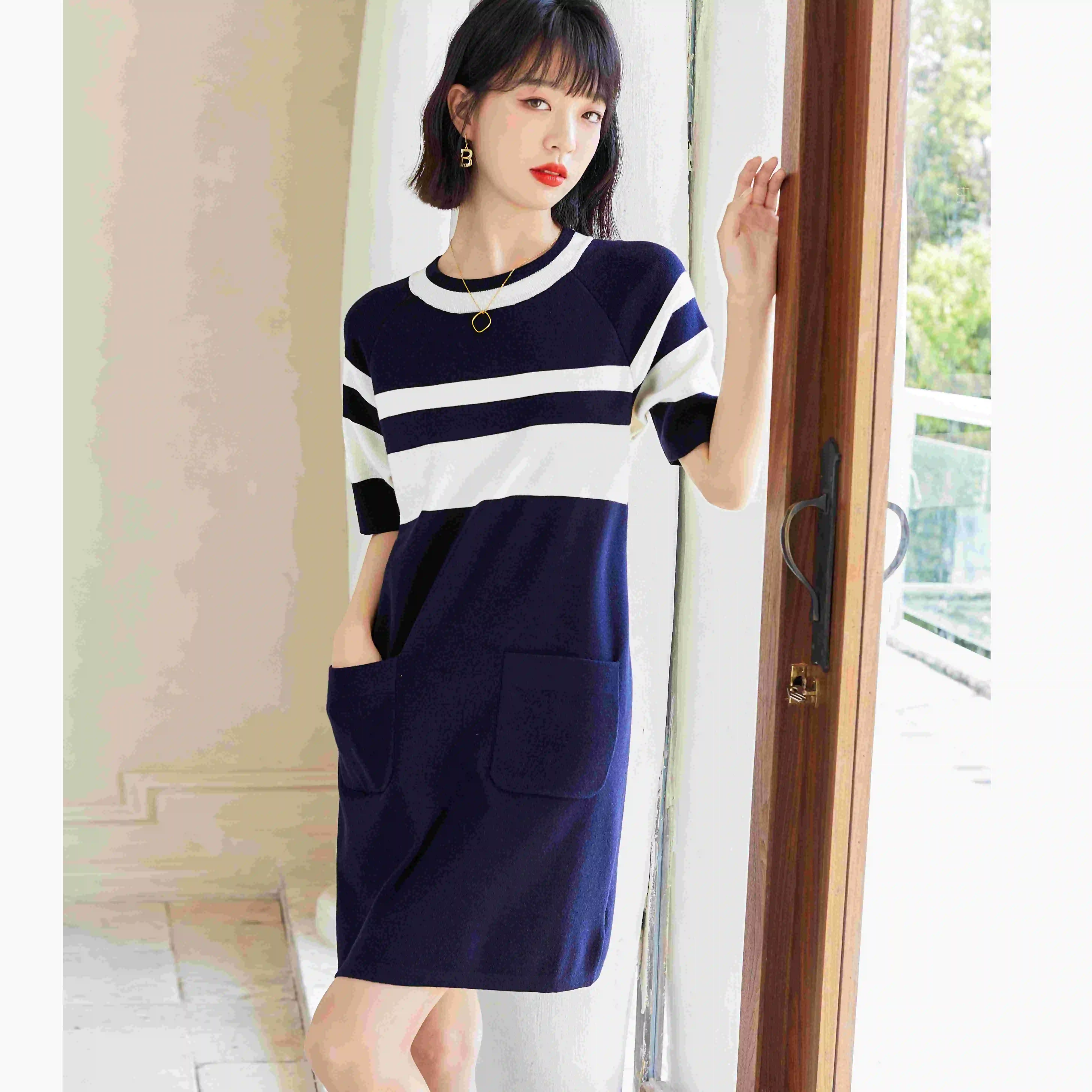 

COIGARSAM Women's Summer Dress 2022 French Style Vintage Striped Knitting Straight Blue Dresses Dropshipping