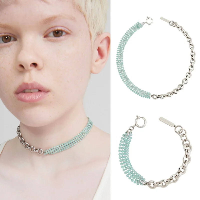 

LONDANY Green opal mosaic chain asymmetric short necklace bracelet jewelry set