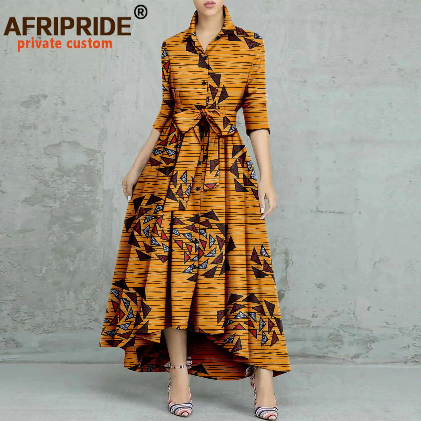 Afripride African Dashiki for Women Spring&Autumn Ankara Print Single Breasted Maxi Casual Dress with Belt A2225057