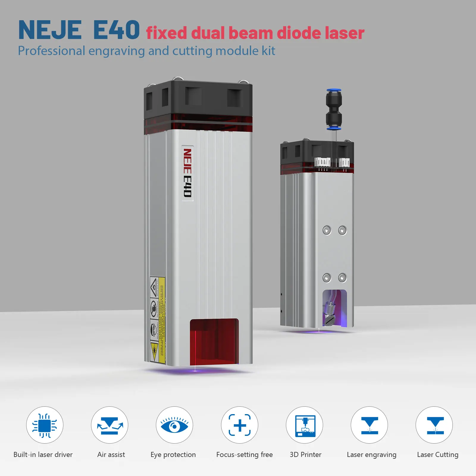 NEJE E40 Laser 11W+ OUTPUT Fixed-Focus Laser Module For CUTTING and CARVING 2 BEAM BUILT-IN HIGH PRESSURE AIR ASSIST enlarge