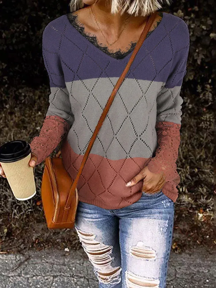 

Women Color Block Plaid Lace Sweater Knitted Sweater Fashion Oversized Pullovers Ladies Loose Sweater Korean sexy Women Jumper