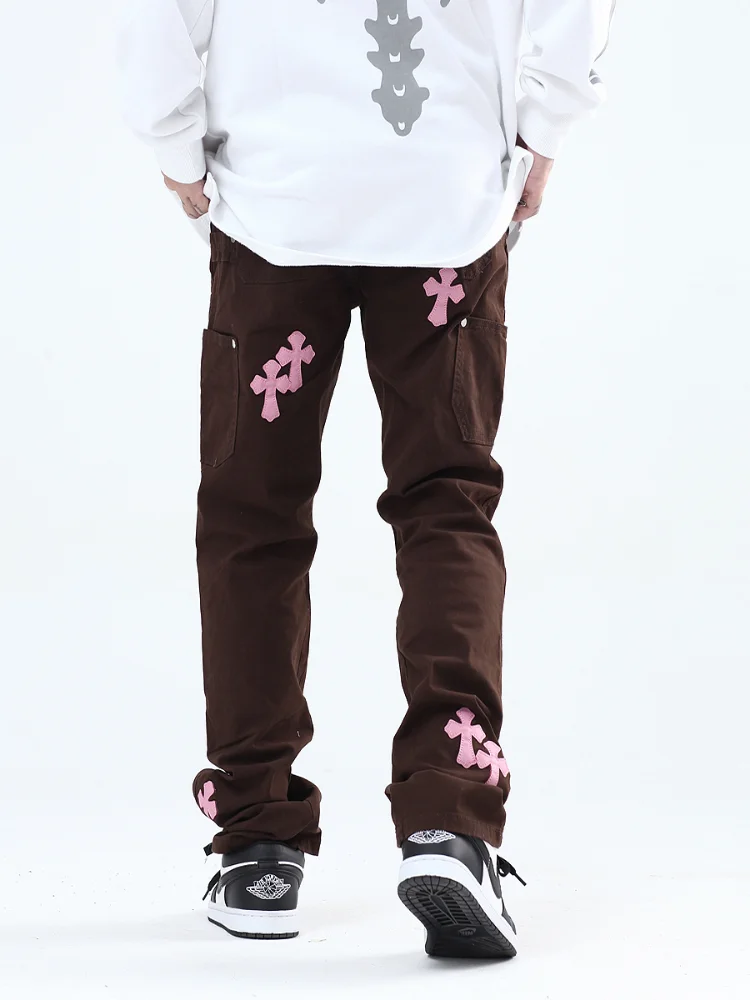 Four Seasons Men's Jeans Cross Patch Embroidered Denim Trousers Men High Street Casual Jeans Streetwear Men's Ins Hot Sale JEANS