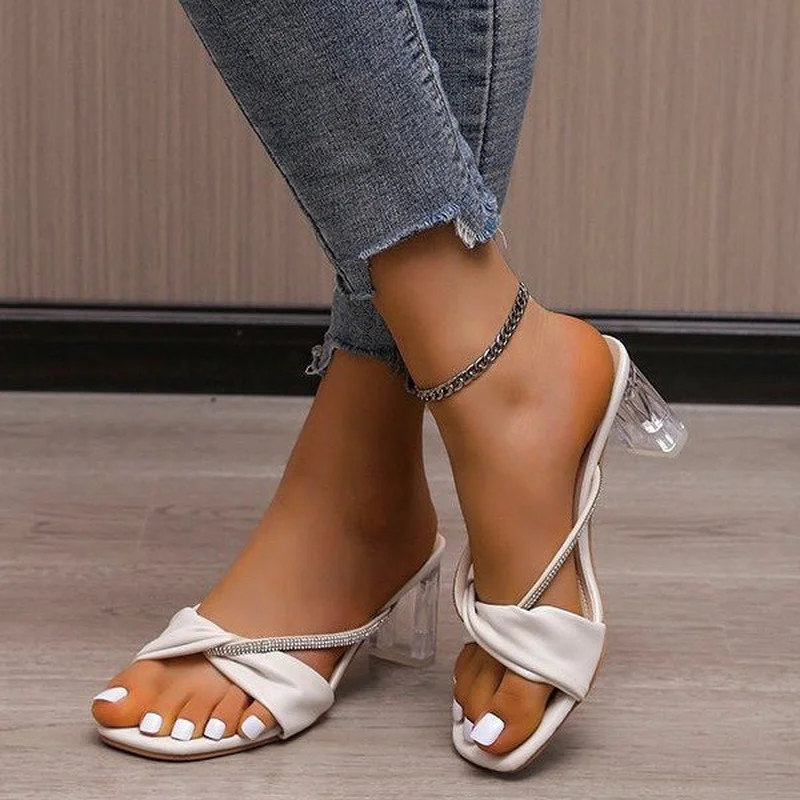 

2022 Women's Clothing Brand Open Toe Sandals Slippers New Fashion Rhinestone Thick Heel Simple Summer Shoes Large Size 35-41