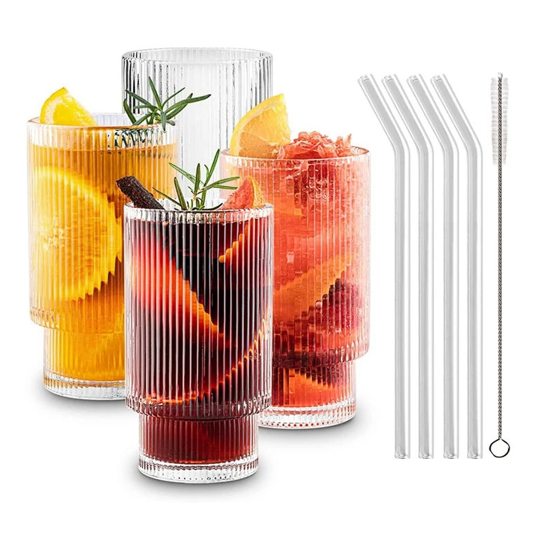 

Ribbed Glass Cups Ribbed Glassware Cocktail Glasses With Straws 12Oz, Drinking Glasses Set Of 4