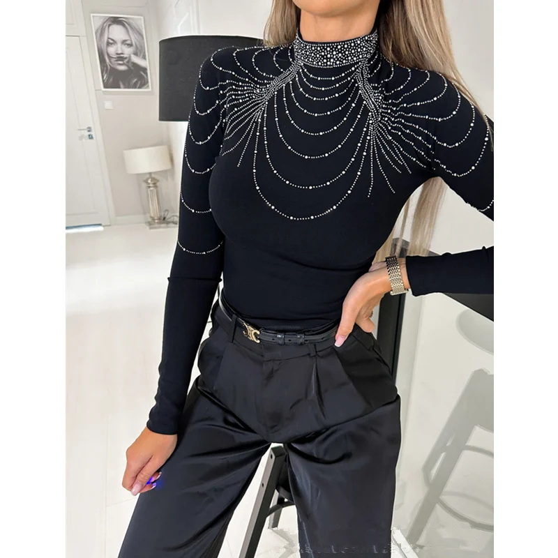 

Женская Облегающая рубашка со стразами, Модный повседневный пикантный Топ с длинным рукавом, Y2K, корсет с воротником-стойкой, футболка, улич...