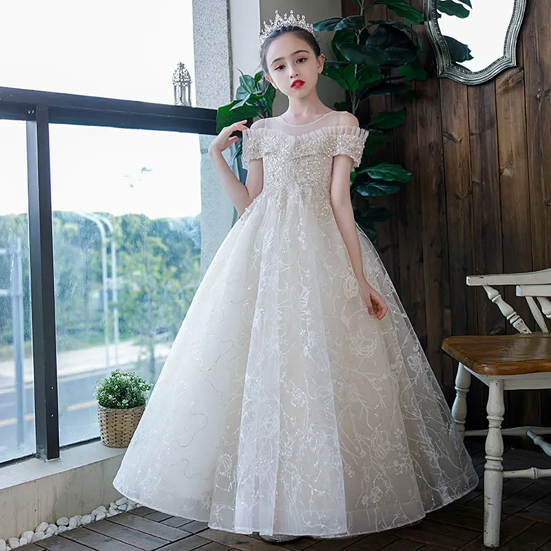 

Kids Girls Wedding Sequin Lace Tulle Princess Tutu Elegant Party Dress Children Clothes Evening Formal Communion Prom Gown L02